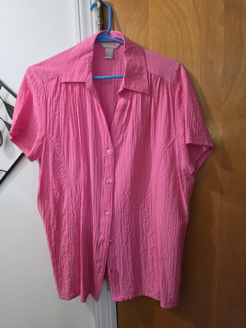 Womens Short-Sleeve Button-Down Shirt — Bright Pink Size L